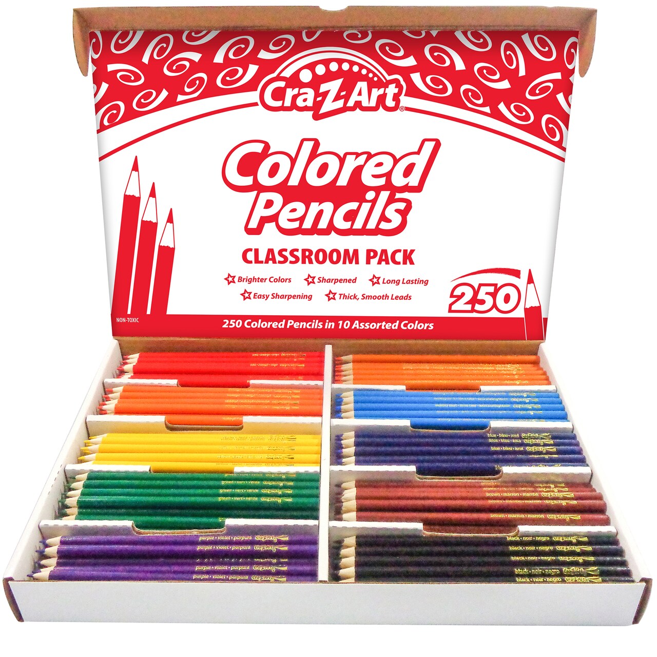 Cra-Z-Art: Classroom Pack: Colored Pencils - 250 Pieces - 10 Assorted Colors Set, Quality Wood/Lead Sharpened Pencils, Bulk Pack, School Art Supplies